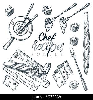 Cheese fondue top view hand drawn sketch vector illustration. French cuisine recipes or restaurant menu design elements. Ingredients, equipment and ca Stock Vector