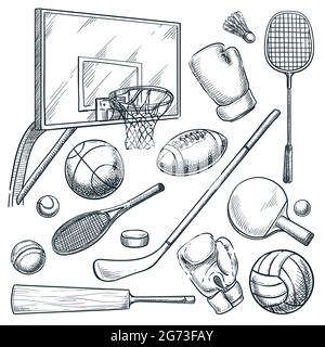 Sports equipment set. Vector hand drawn sketch illustration of basketball, tennis, badminton, boxing, hockey, volleyball, cricket games. Balls, racket Stock Vector