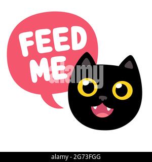 Funny cartoon black cat with speech bubble saying Feed Me. Cute hungry cat drawing, vector illustration. Stock Vector