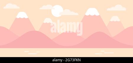 Mountain and hill coast landscape in pastel pink sunrise colors. Simple flat vector design, seamless background illustration. Stock Vector