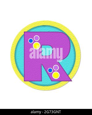 The letter R, in the alphabet set 'Crinkle Paper', is purple with large polka dots in yellow, blue and lilac.  Letter sets aqua circle outlined in yel Stock Photo