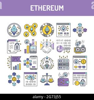 Ethereum line icons set. Isolated vector element. Outline pictograms for web page, mobile app, promo. Editable stroke. Stock Vector