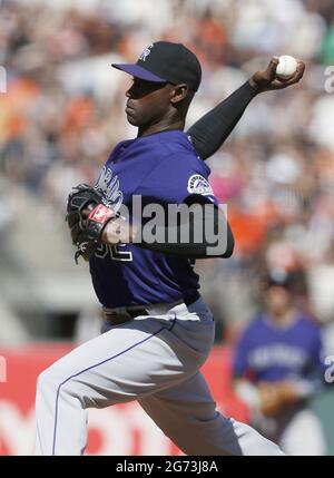 San Francisco, USA. 12th Apr, 2014. Colorado Rockies pitcher LaTroy Hawkins works in the ninth inning of a 1-0 win against the San Francisco Giants at AT&T Park in San Francisco on April 12, 2014. (Photo by Jim Gensheimer/Bay Area News Group/TNS/Sipa USA) Credit: Sipa USA/Alamy Live News Stock Photo