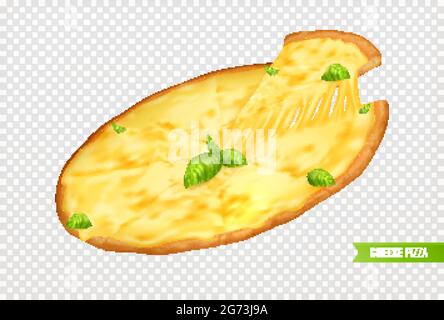 Hot pizza with piece realistic composition on transparent background with cheese pizza and slice with text vector illustration Stock Vector