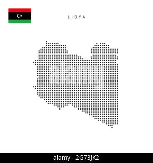 Square dots pattern map of Libya. Libyan dotted pixel map with national flag isolated on white background. Vector illustration. Stock Vector