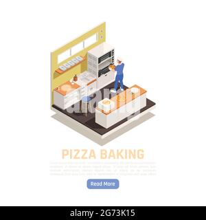 Pizza shop takeaway restaurant delivery baking and service counter isometric composition with setting in oven vector illustration Stock Vector