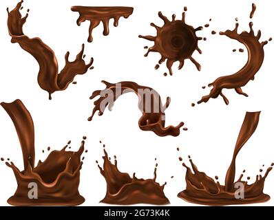 Chocolate splash swirl and drop realistic set isolated vector illustration Stock Vector