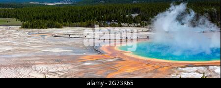 Grand Prismatic Spring in Yellowstone National Park from high angle view with vivid colors, panorama Stock Photo