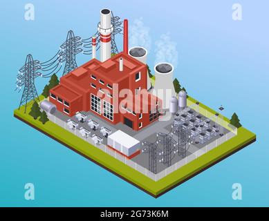 Electricity power station and high voltage wires isometric composition on gradient blue background 3d vector illustration Stock Vector