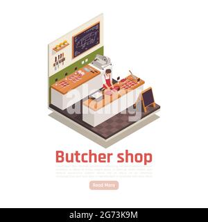 Butcher cutting meat on wooden counter worktop in his shop with knives slicer scale isometric vector illustration Stock Vector