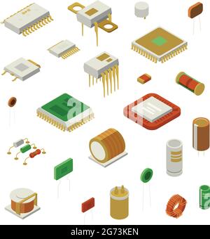 Semiconductor element set with production symbols isometric isolated vector illustration Stock Vector