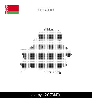 Square dots pattern map of Belarus. Belorussian dotted pixel map with national flag isolated on white background. Vector illustration. Stock Vector