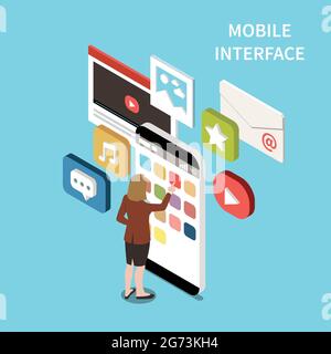 Mobile interface isometric design concept with email video chat music app signs and icons on smartphone screen vector illustration Stock Vector