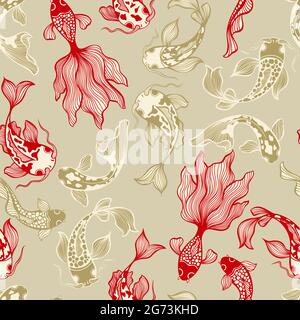Japanese Koi Fish Vector Seamless Pattern in Neutral Colors Stock Vector