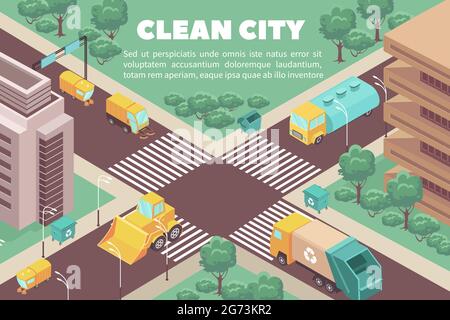 Isometric composition with garbage trucks and trash containers in streets of clean city 3d vector illustration Stock Vector