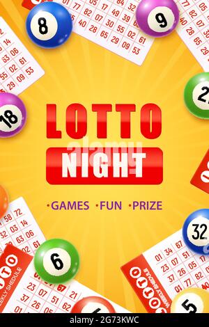 Lotto night realistic vertical poster with bingo tickets and balls vector illustration Stock Vector