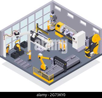 Colored composition with metal industry plant workers and machinery 3d isometric vector illustration Stock Vector