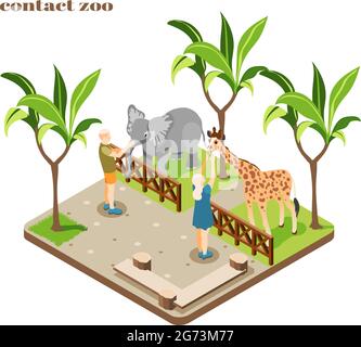 Colored and isometric contact zoo composition with staff feed elephant and giraffe vector illustration Stock Vector