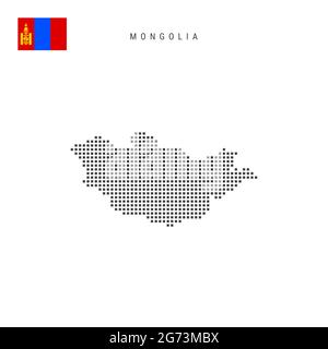 Square dots pattern map of Mongolia. Mongolian dotted pixel map with national flag isolated on white background. Vector illustration. Stock Vector