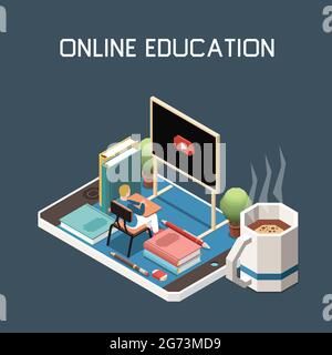 Online education abstract background with male character sitting at desk on big smartphone and looking at blackboard with start video icon isometric v Stock Vector