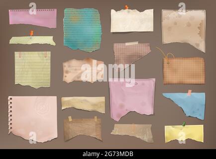 Ripped torn for scrapbook faded colorful pieces paper pinned to cardboard realistic retro vintage set vector illustration Stock Vector
