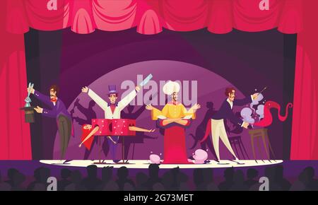 Magicians and jinn performing on circus stage in front of audience cartoon vector illustration Stock Vector