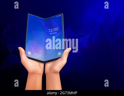 Foldable smartphone realistic composition with dark blue ambient background and open phone laying in human hands vector illustration Stock Vector