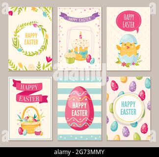 Easter cartoon banners set with happy Easter symbols isolated vector illustration Stock Vector