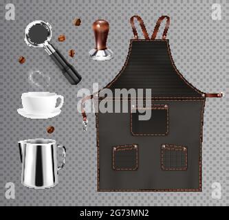 Barista coffee equipment realistic transparent set with isolated images of dickey kettles and cups with beans vector illustration Stock Vector
