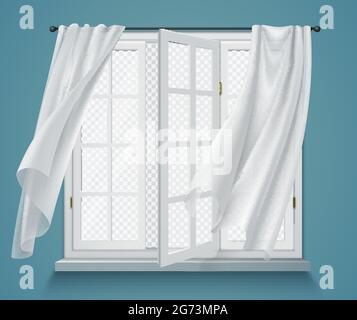 Open window billowing curtains transparent view composition with blue walls and white curtains hanging on rod vector illustration Stock Vector