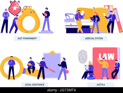 Law justice legal assistance judicial penitentiary system concept 4 flat compositions with fingerprint handcuffs detective vector illustration Stock Vector