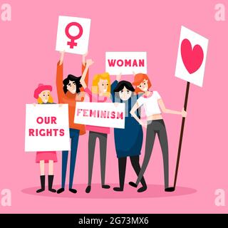 Protesting women feminism composition with solid pink background and doodle characters of female activists with placards vector illustration Stock Vector
