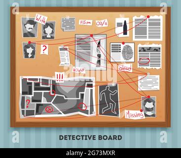 Detective board composition with text and rectangular wooden frame hanging on wall with pinned investigation materials vector illustration Stock Vector