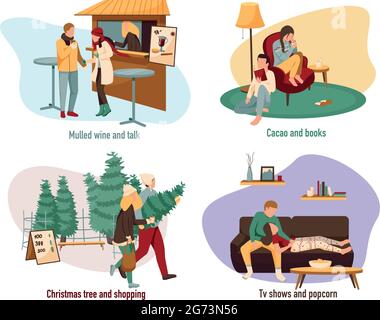 Cozy winter flat 4x1 set of compositions with text captions and people during christmas eve activities vector illustration Stock Vector