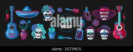 Day of dead cartoon color set of  ethnic mexican items holiday mask and national wear isolated on black background vector illustration Stock Vector