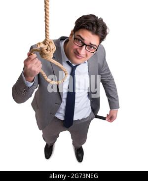 The man committing suicide through hanging himself isolated on white Stock Photo