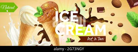 Ice cream horizontal ads poster with waffle cones of different taste on scattered pieces of chocolate and nuts background vector illustration Stock Vector