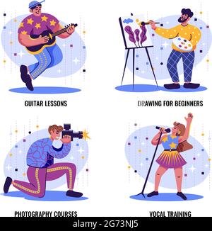 Hobbies classes concept 4 flat trendy compositions with guitar lessons vocal training photography drawing courses vector illustration Stock Vector