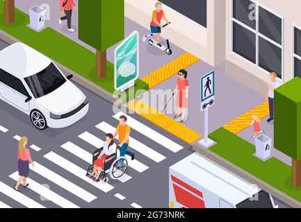 Disabled people crossing street in wheelchair and using blindness cane on tactile pavement isometric composition vector illustration Stock Vector