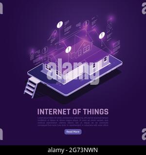 Internet of things isometric poster with smart house on screen of smartphone with full control household appliances function vector illustration Stock Vector