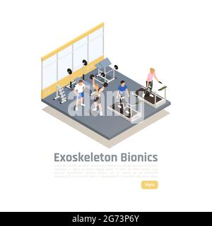 Bionics technology isometric composition with disabled people in gym doing exercises using exoskeleton vector illustration Stock Vector