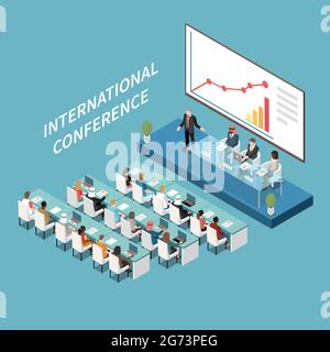 International conference hall big lcd screen presentation isometric composition with speaker and participants on podium vector illustration Stock Vector