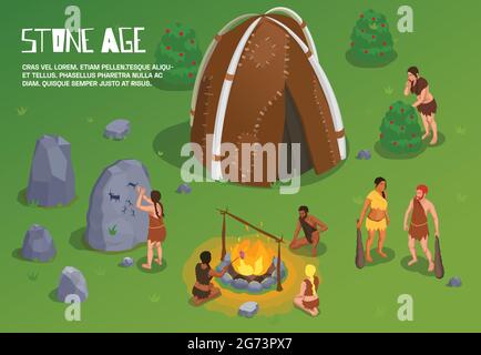 Caveman prehistoric primitive people background with editable text and outdoor stone age scenery with ancient tribe vector illustration Stock Vector