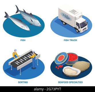 Fish industry seafood production isometric set of round compositions with fishes delivery truck and ready products vector illustration Stock Vector