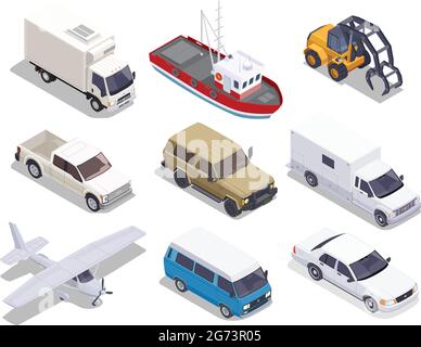 Transport set of isolated isometric icons of cars trucks airplane and boat images on blank background vector illustation Stock Vector