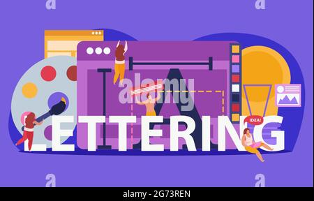 Graphic design flat colored composition with big word lettering and abstract tools for creation vector illustration Stock Vector