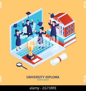 Isometric graduation diploma composition with small human characters on top of laptop computer keyboard with text vector illustration Stock Vector