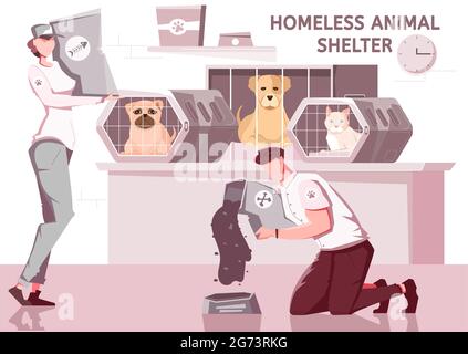Homeless animal help flat composition with pets in cages and workers volunteers in uniform with text vector illustration Stock Vector