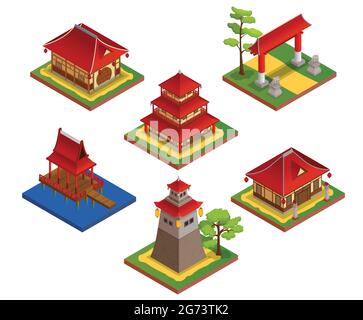 Asian buildings isometric set with house and bridge isolated vector illustration Stock Vector