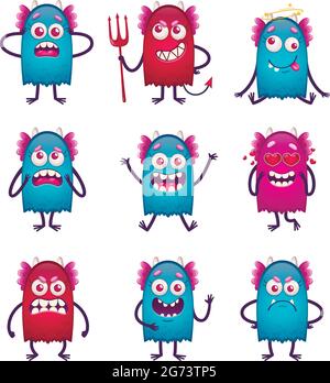 Cartoon monster emoticons set of nine isolated funny beast characters of different colour and face emotion vector illustration Stock Vector